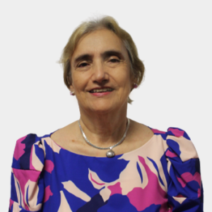 The professor of the Department of Pediatrics, Luz Libia Cala Vecino, is introduced to the general public and the educational community. The photo was taken in close-up, with a white background, and the professor is situated in the center.