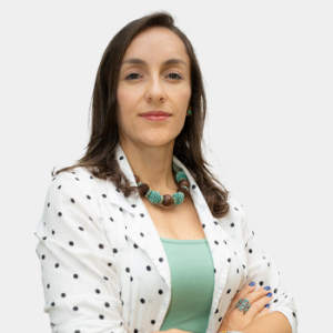 The photo was taken in the foreground, white background and Professor Alejandra Maria Franco is located in the centre.