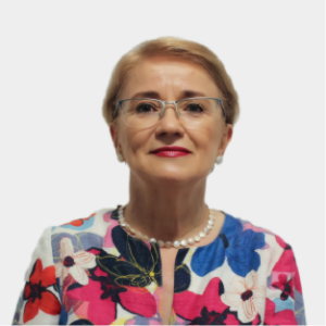 The professor of the School of Languages, Bozena Lechowska, is presented to the general public and the educational community. The photo was taken in close-up, on a white background, with the professor in the center.