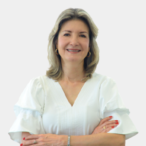 The photo was taken in the foreground, white background and Professor Olga Mercedez Alvarez is located in the centre.