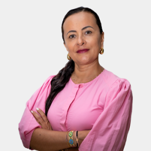 The photo was taken in the foreground, white background and Professor Sandra Judith Garcia is located in the centre.